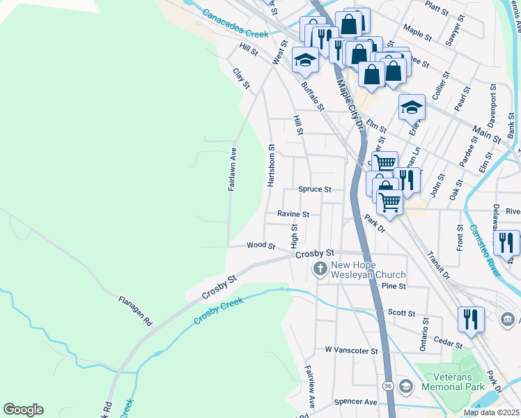map of restaurants, bars, coffee shops, grocery stores, and more near 93 Hartshorn St in Hornell