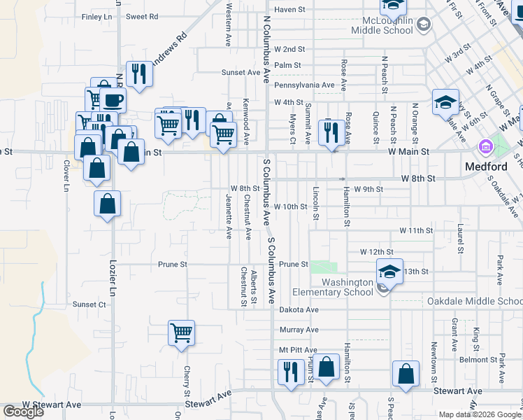 map of restaurants, bars, coffee shops, grocery stores, and more near 128 South Columbus Avenue in Medford