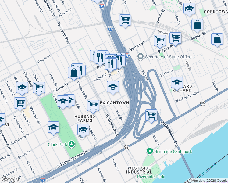 map of restaurants, bars, coffee shops, grocery stores, and more near 1475 24th Street in Detroit