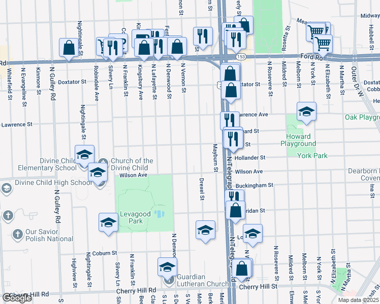 map of restaurants, bars, coffee shops, grocery stores, and more near 1330 North Vernon Street in Dearborn