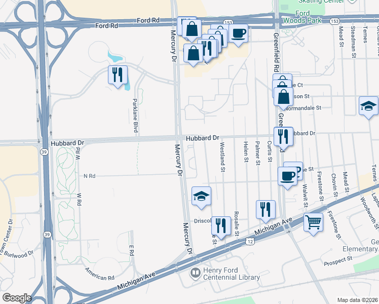map of restaurants, bars, coffee shops, grocery stores, and more near 13 Bradford Court in Dearborn