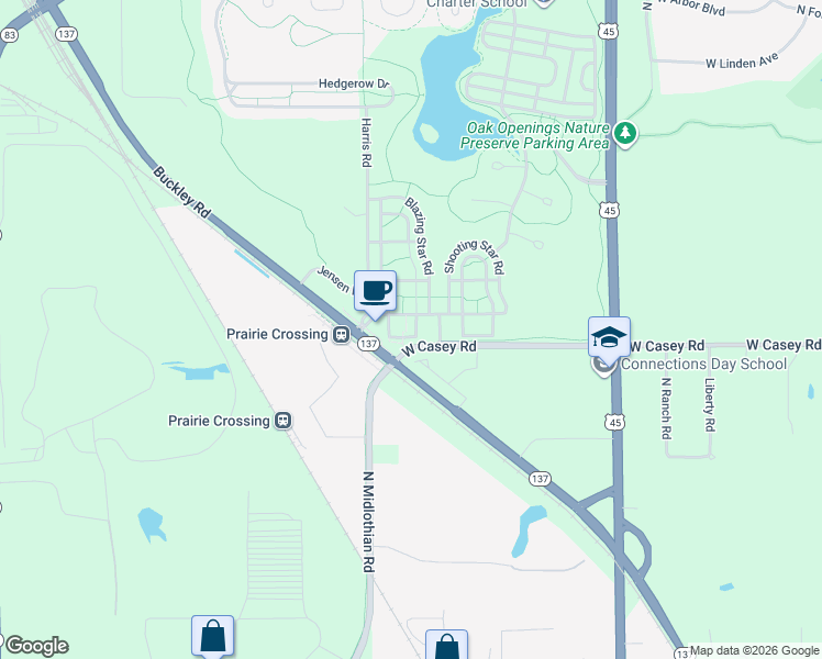 map of restaurants, bars, coffee shops, grocery stores, and more near 1032 Harris Road in Grayslake