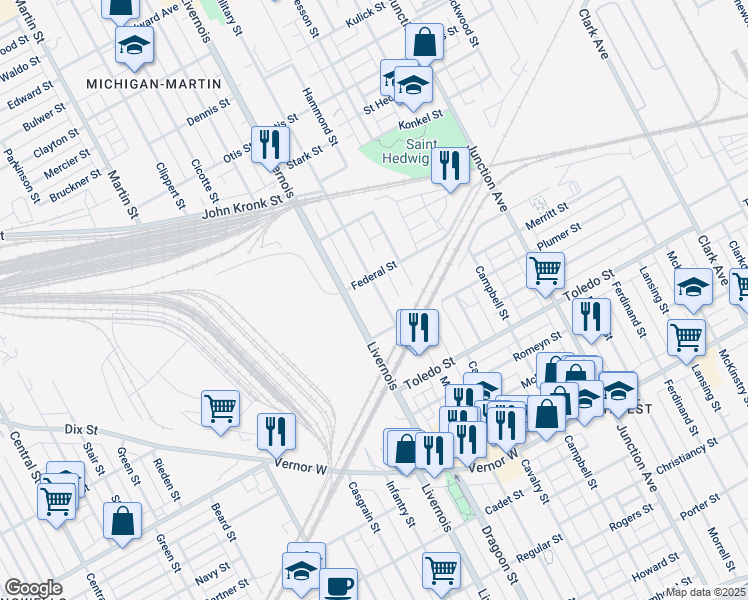 map of restaurants, bars, coffee shops, grocery stores, and more near 2579 Military St in Detroit