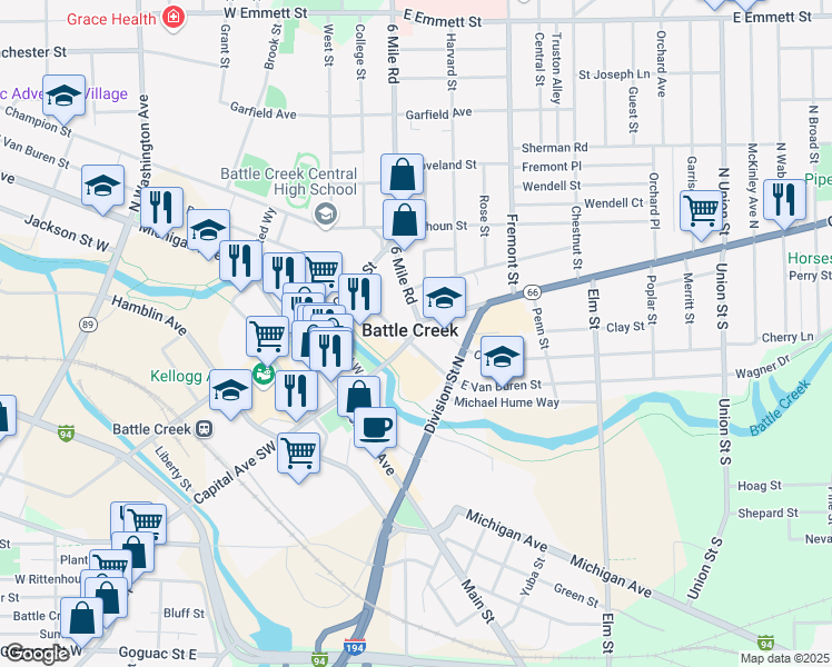 map of restaurants, bars, coffee shops, grocery stores, and more near 77 Capital Avenue Northeast in Battle Creek