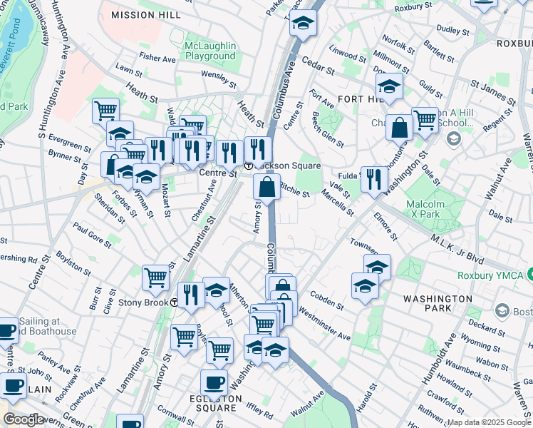 map of restaurants, bars, coffee shops, grocery stores, and more near 1601 Columbus Avenue in Boston