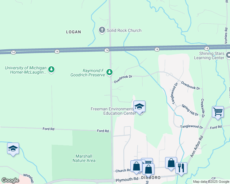 map of restaurants, bars, coffee shops, grocery stores, and more near 3616 North Dixboro Road in Ann Arbor