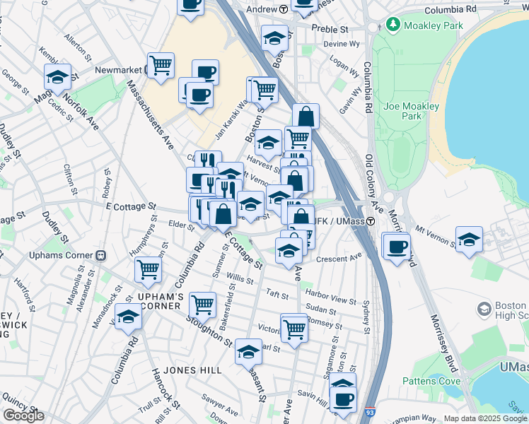 map of restaurants, bars, coffee shops, grocery stores, and more near 34 Roseclair Street in Boston
