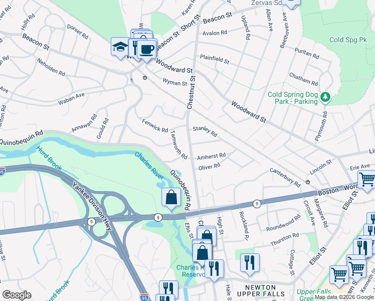 map of restaurants, bars, coffee shops, grocery stores, and more near 46 Tamworth Road in Newton