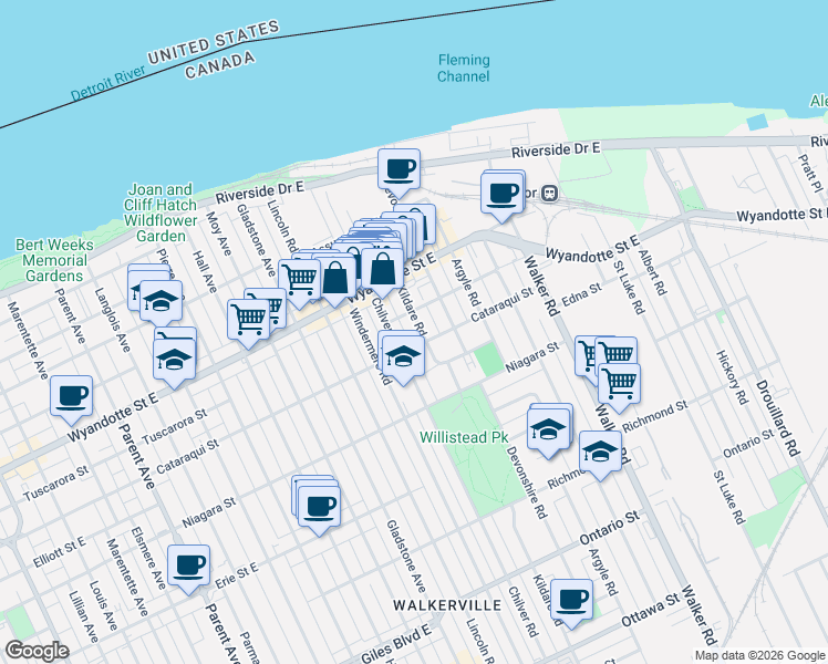 map of restaurants, bars, coffee shops, grocery stores, and more near 765 Kildare Road in Windsor