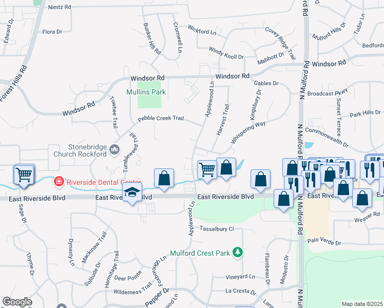 map of restaurants, bars, coffee shops, grocery stores, and more near 4178 Applewood Lane in Loves Park