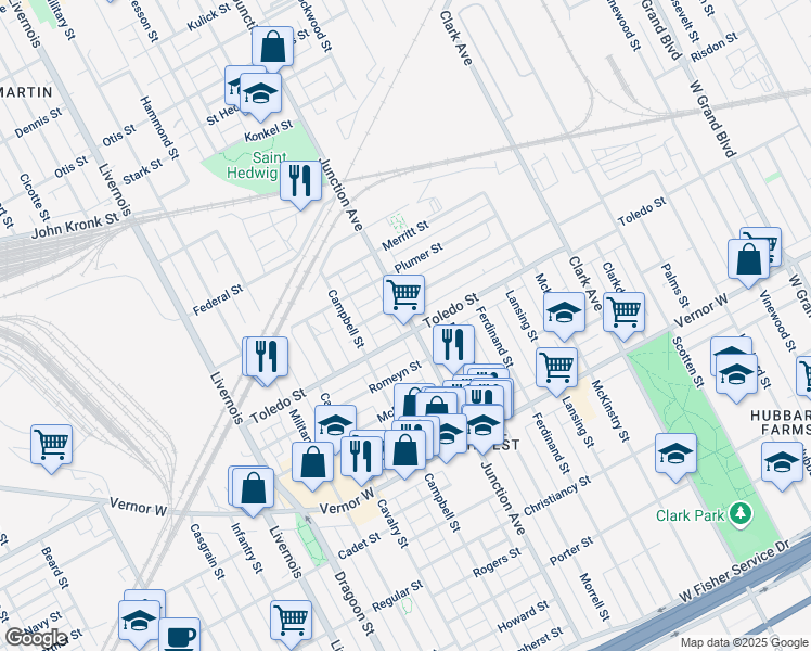 map of restaurants, bars, coffee shops, grocery stores, and more near 2315 Junction Avenue in Detroit