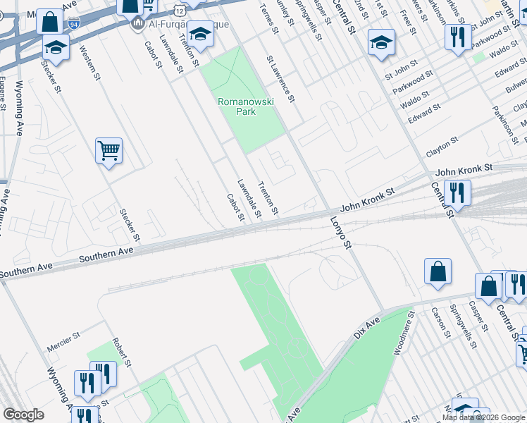 map of restaurants, bars, coffee shops, grocery stores, and more near 3837 Lawndale Street in Detroit
