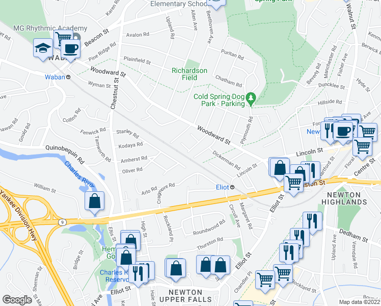 map of restaurants, bars, coffee shops, grocery stores, and more near 50 Brewster Road in Newton