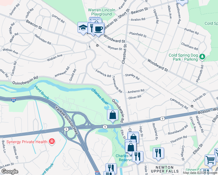 map of restaurants, bars, coffee shops, grocery stores, and more near 20 Kewadin Road in Newton
