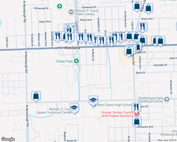 map of restaurants, bars, coffee shops, grocery stores, and more near 1778 North Crown Street in Westland