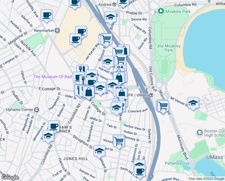 map of restaurants, bars, coffee shops, grocery stores, and more near 69 Roseclair Street in Boston