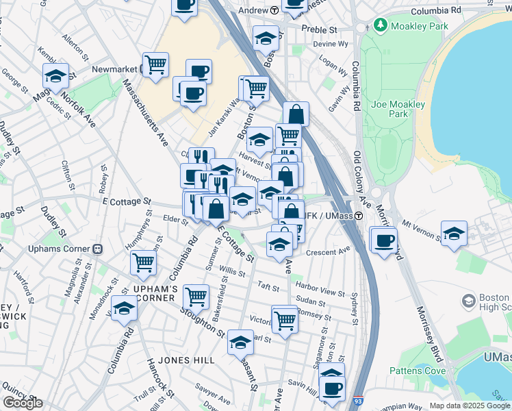 map of restaurants, bars, coffee shops, grocery stores, and more near 34 Roseclair Street in Boston