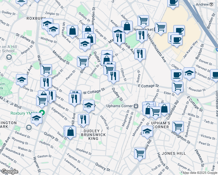 map of restaurants, bars, coffee shops, grocery stores, and more near 12 West Cottage Street in Boston