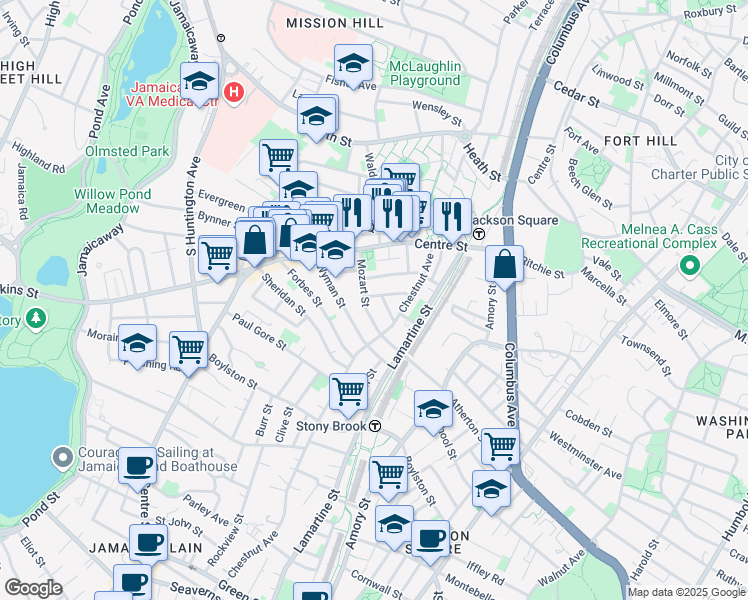map of restaurants, bars, coffee shops, grocery stores, and more near 54 Mozart Street in Boston