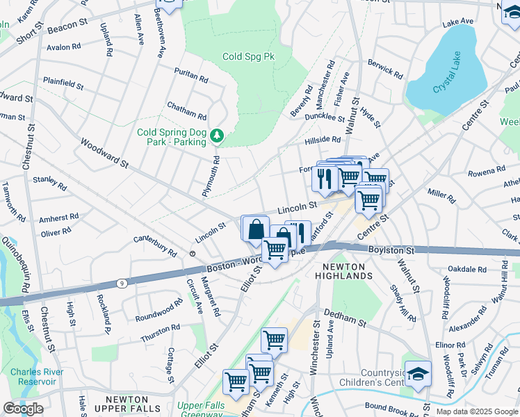 map of restaurants, bars, coffee shops, grocery stores, and more near 143 Lincoln Street in Newton