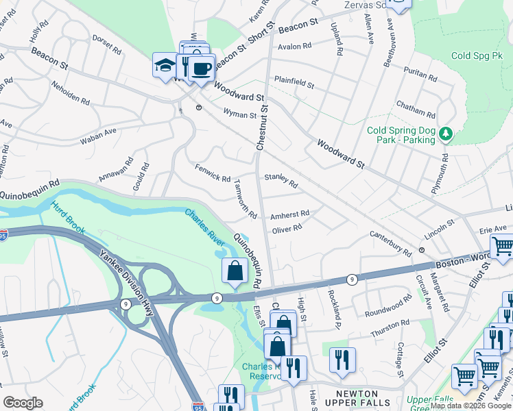 map of restaurants, bars, coffee shops, grocery stores, and more near 46 Tamworth Road in Newton