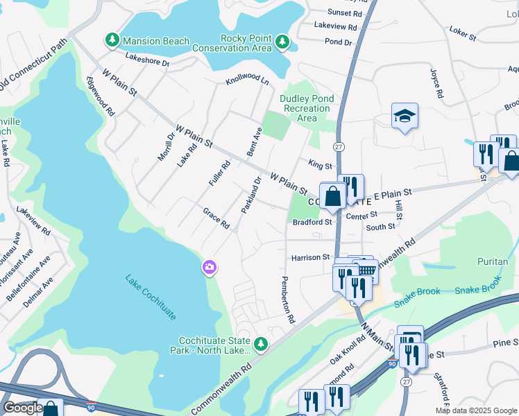 map of restaurants, bars, coffee shops, grocery stores, and more near 14 Parkland Drive in Wayland