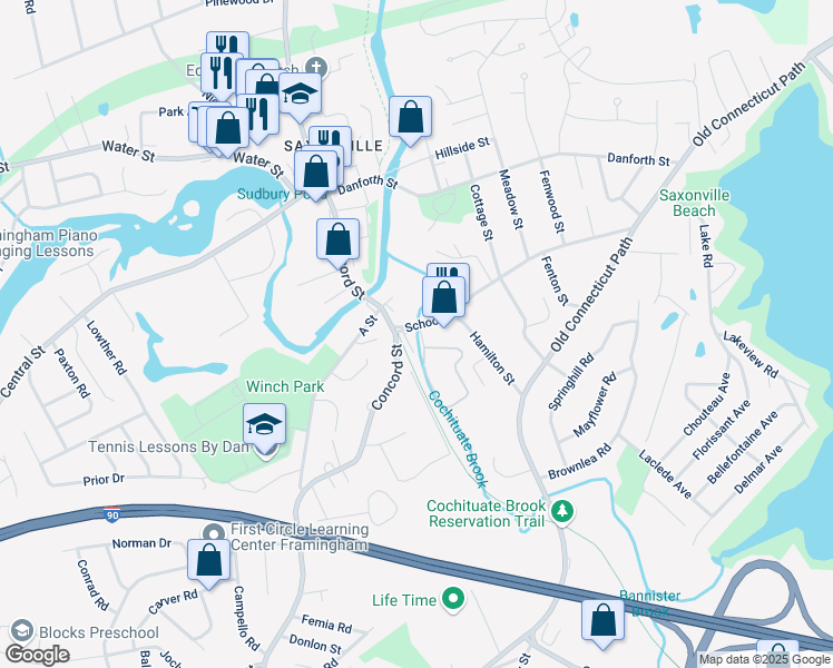 map of restaurants, bars, coffee shops, grocery stores, and more near 1504 Concord Street in Framingham