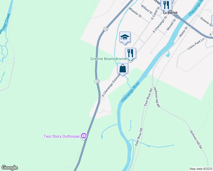 map of restaurants, bars, coffee shops, grocery stores, and more near 117 South Chenango Street in Greene