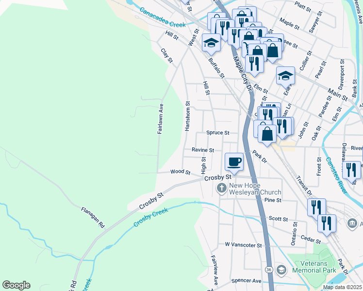 map of restaurants, bars, coffee shops, grocery stores, and more near 93 Hartshorn Street in Hornell