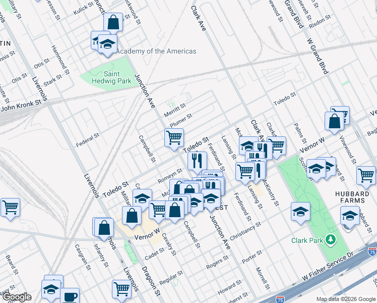 map of restaurants, bars, coffee shops, grocery stores, and more near 2201 Morrell Street in Detroit