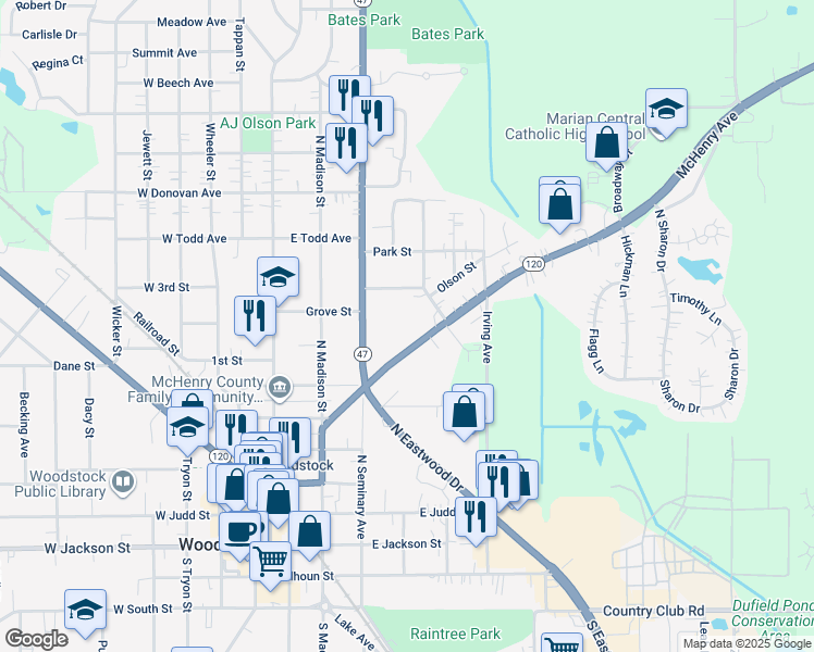 map of restaurants, bars, coffee shops, grocery stores, and more near 367 McHenry Avenue in Woodstock