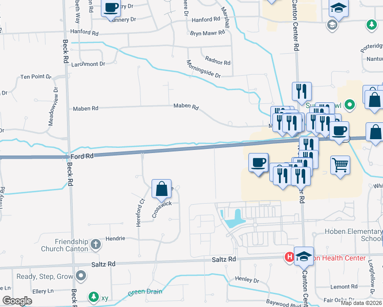map of restaurants, bars, coffee shops, grocery stores, and more near 46311 Ford Road in Wayne County