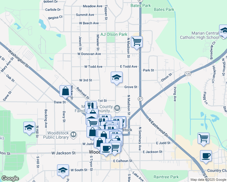 map of restaurants, bars, coffee shops, grocery stores, and more near 731 Clay Street in Woodstock