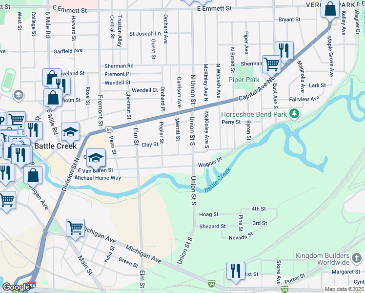 map of restaurants, bars, coffee shops, grocery stores, and more near 69 Merritt Street in Battle Creek