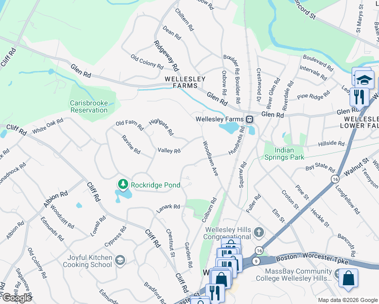 map of restaurants, bars, coffee shops, grocery stores, and more near 18 Valley Road in Wellesley