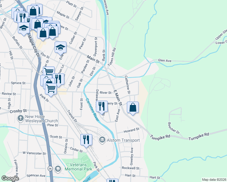 map of restaurants, bars, coffee shops, grocery stores, and more near 172 River Street in Hornell