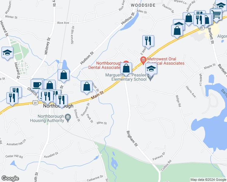 map of restaurants, bars, coffee shops, grocery stores, and more near 112 Main Street in Northborough