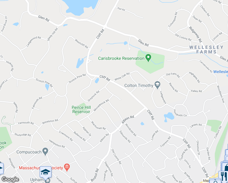 map of restaurants, bars, coffee shops, grocery stores, and more near 26 Peirce Road in Wellesley