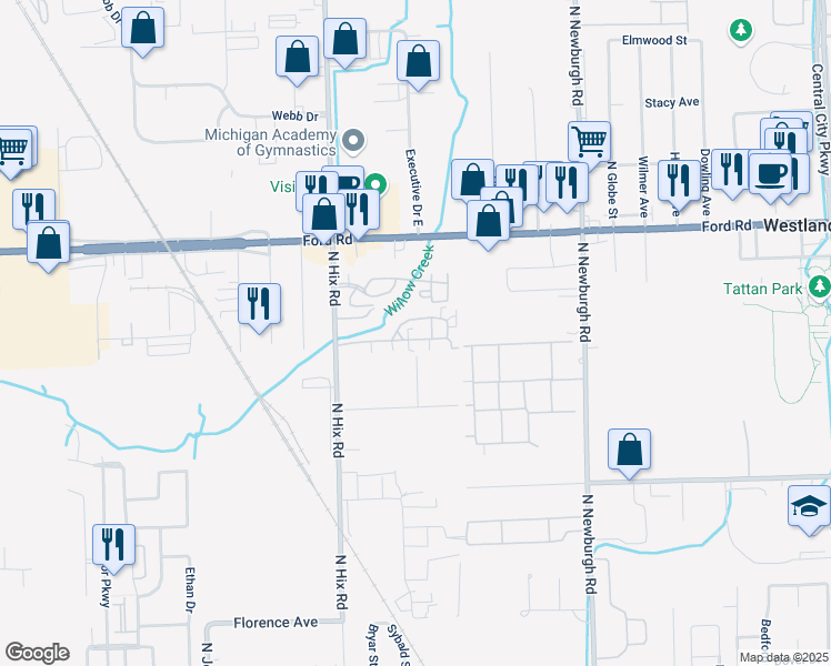 map of restaurants, bars, coffee shops, grocery stores, and more near 38153 Sherwood Street in Westland