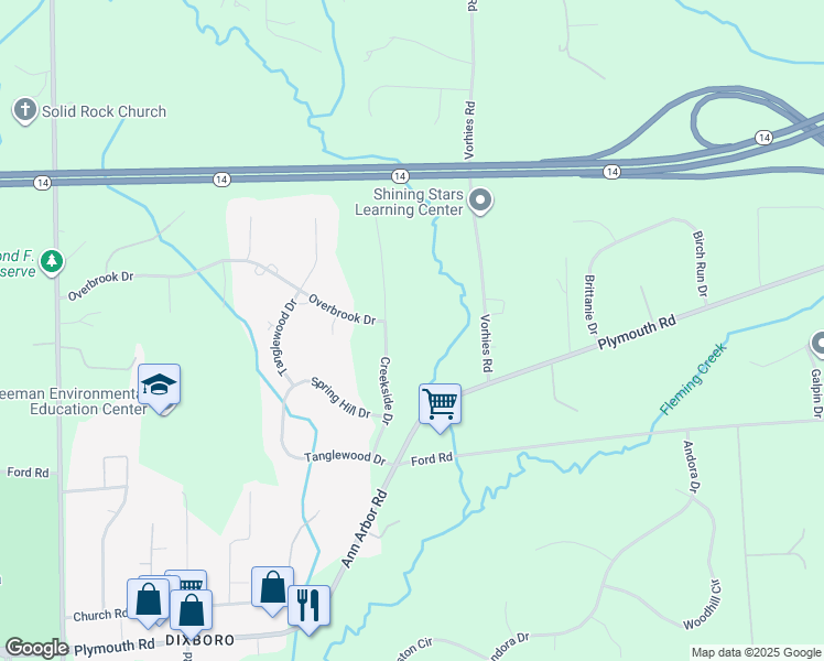map of restaurants, bars, coffee shops, grocery stores, and more near 3632 Creekside Drive in Ann Arbor