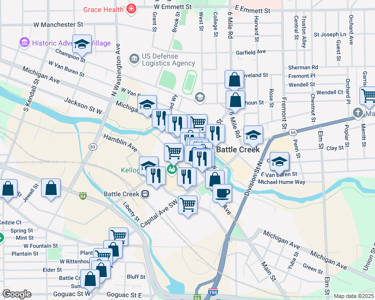 map of restaurants, bars, coffee shops, grocery stores, and more near 64 Michigan Avenue in Battle Creek