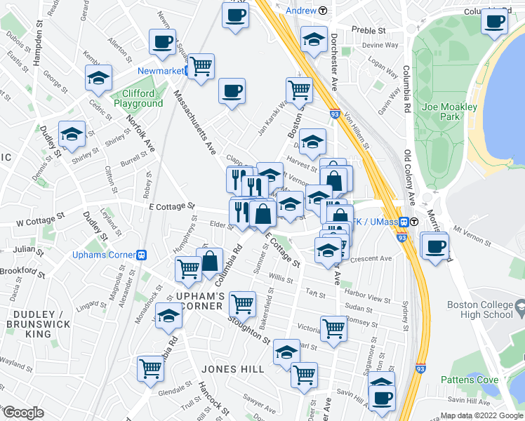 map of restaurants, bars, coffee shops, grocery stores, and more near Boston St & Roseclair St in Boston