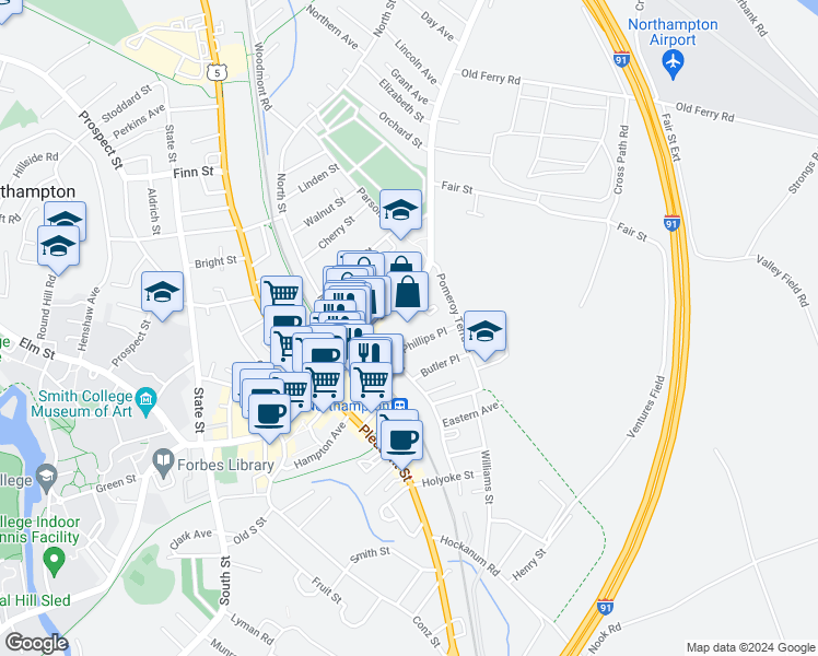 map of restaurants, bars, coffee shops, grocery stores, and more near 28 Phillips Place in Northampton