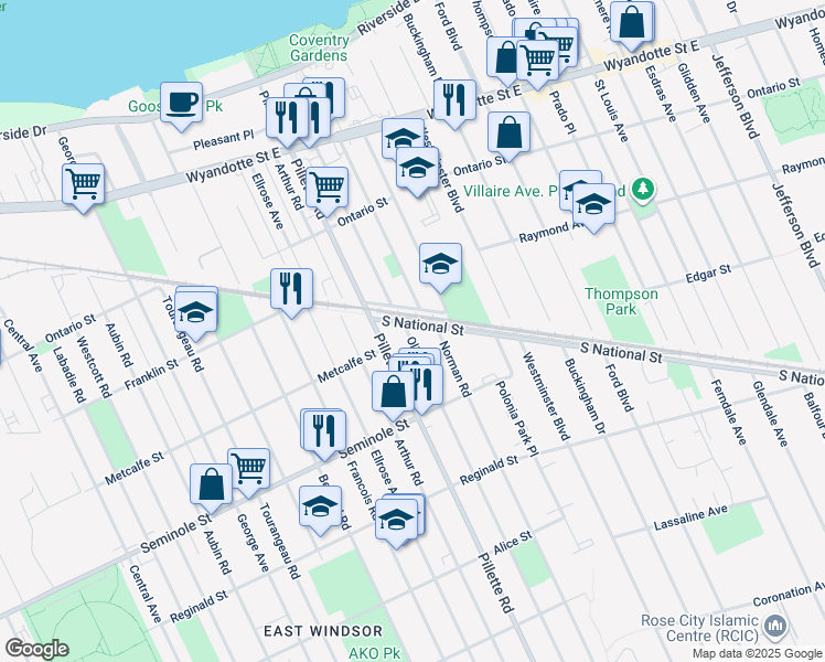 map of restaurants, bars, coffee shops, grocery stores, and more near 1340 Olive Road in Windsor