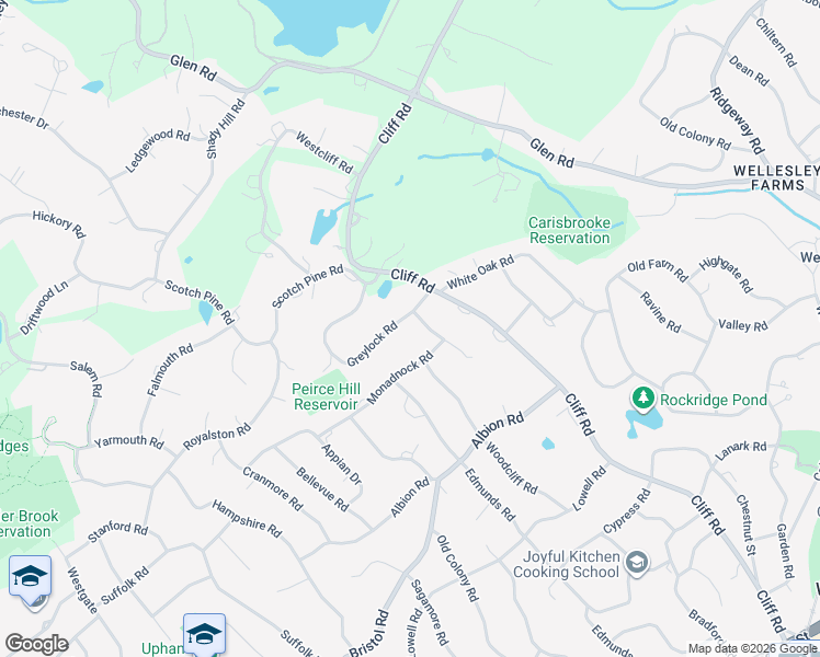 map of restaurants, bars, coffee shops, grocery stores, and more near 15 Peirce Road in Wellesley