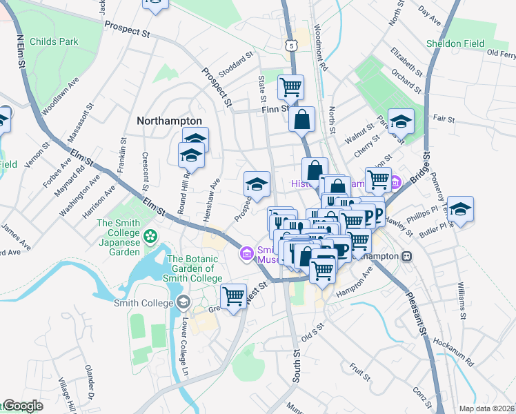 map of restaurants, bars, coffee shops, grocery stores, and more near 33 Prospect Street in Northampton