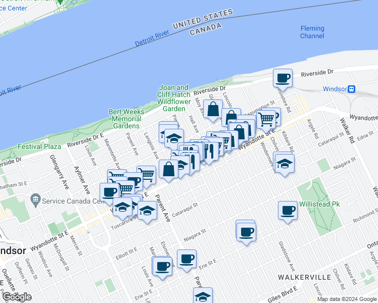map of restaurants, bars, coffee shops, grocery stores, and more near 477 Pierre Avenue in Windsor