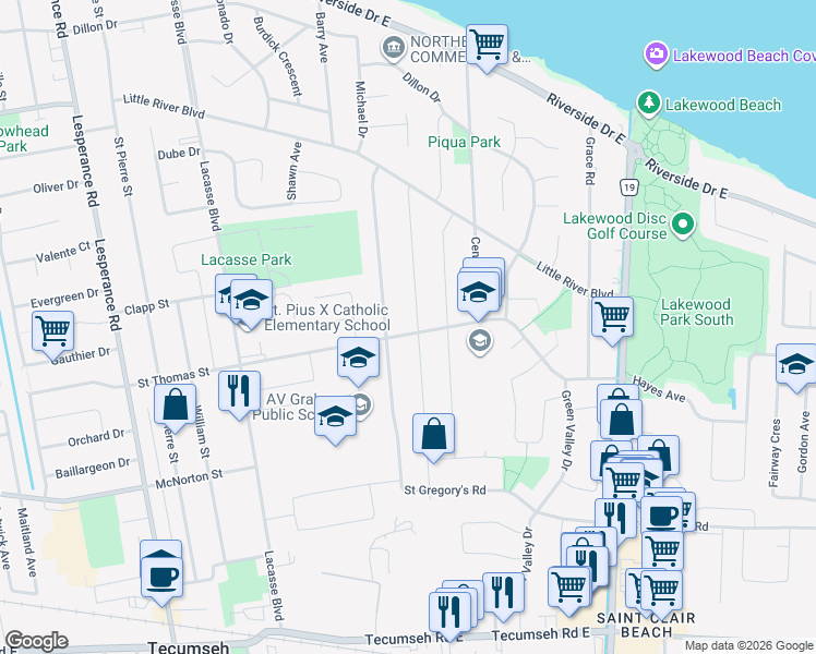 map of restaurants, bars, coffee shops, grocery stores, and more near 700 Revland Drive in Tecumseh