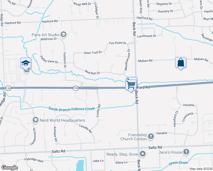 map of restaurants, bars, coffee shops, grocery stores, and more near 47770 Ford Road in Canton
