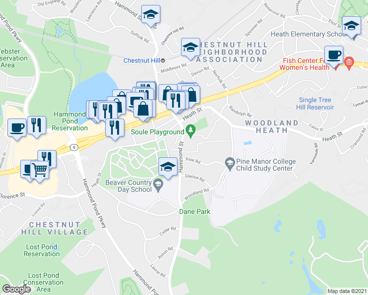 map of restaurants, bars, coffee shops, grocery stores, and more near 676 Hammond Street in Brookline